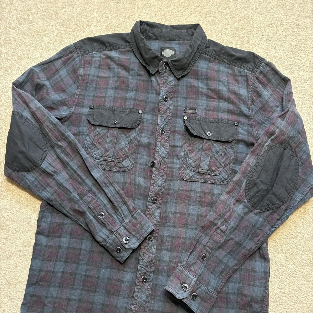 Harley Davidson Shirt Mens Large Blue Plaid Black Label Flannel LS Button Up